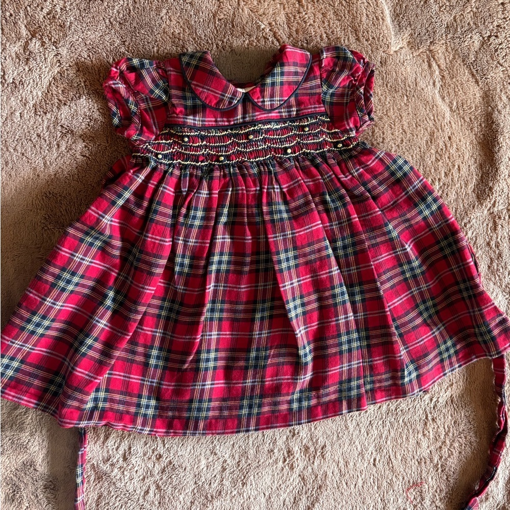 Laura Ashley Red Plaid Smocked Christmas Holiday Dress 0-3M Peter Pan Collar